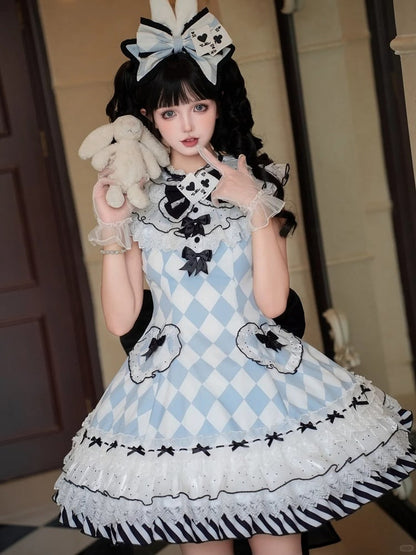 Lolita-Kleid OP Blaues Rautenmuster Süße Alice im Wunderland-Vibes