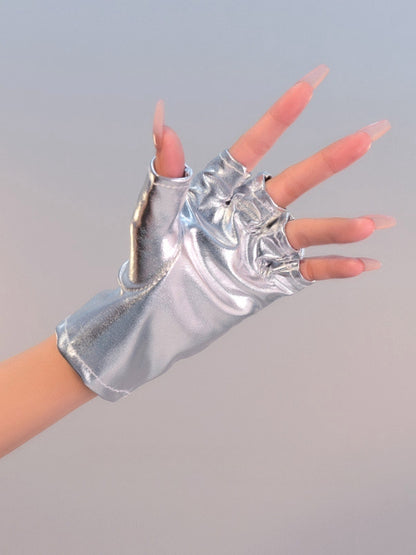 シルバーブラックサイバーパンクフューチャリスティックハーフフィンガーグローブ