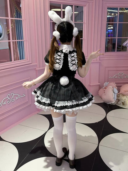 Apron Design High-Waisted Plaid Skirt with Lace, Black & White Maid Style - kukuwa