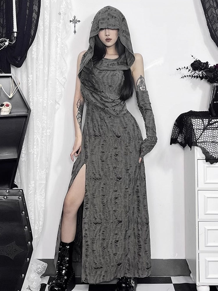 Hooded Gray Distressed Wasteland Sleeve Thigh-High Sleeveless with Hole Slit Dress Punk Arm