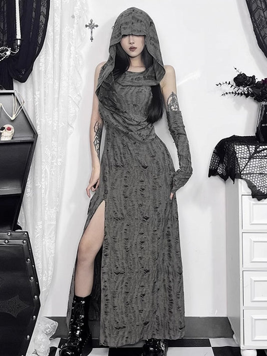Hooded Gray Distressed Wasteland Sleeve Thigh-High Sleeveless with Hole Slit Dress Punk Arm