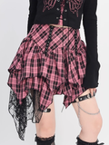 Waist Pink Plaid Handkerchief Hem Tiered Skirt High and Black