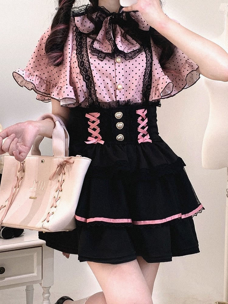 Chiffon Sleeve Polka-dot White/Black Cape Blouse: Jirai Kei
