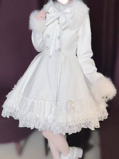 Jirai Kei White Tiered Lace Coat with Detachable Cape and Shaggy Collar
