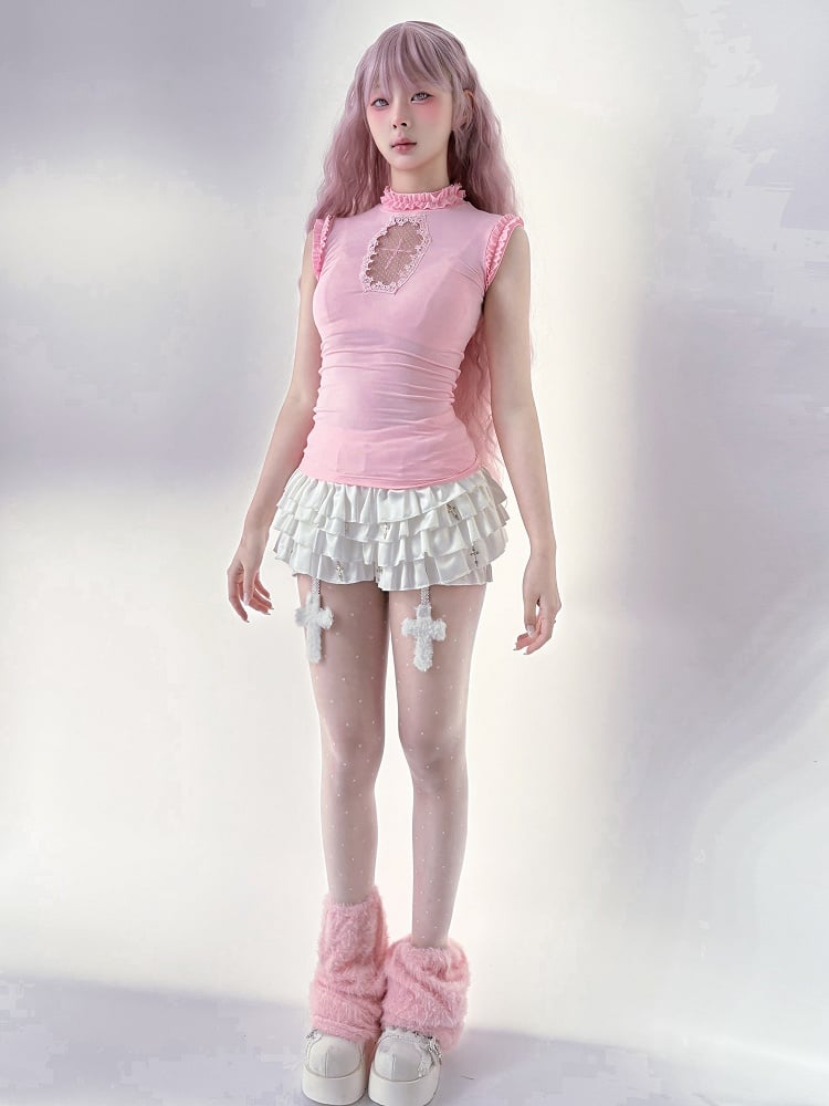 Cross Metal Skort with Cross Charms White Elastic Waist Tiered Embellished Ruffles