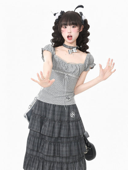 Kawaii Gray Polka Dot Square Neck Ruffle Top - Languid Park