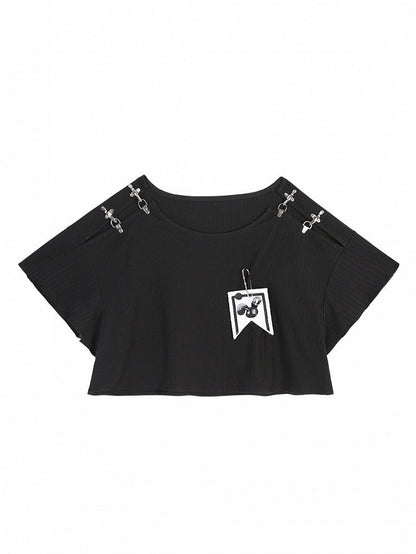 Black Short-Sleeve Top with Shoulder Buckle Detail