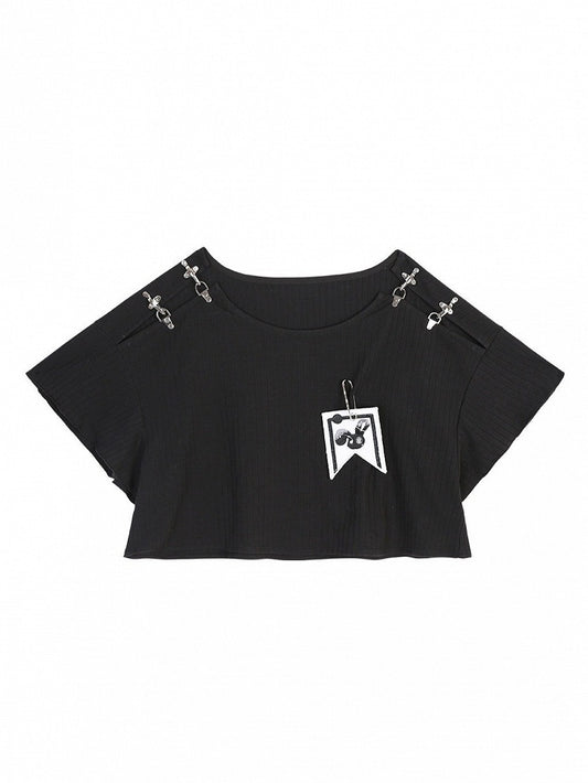 Black Short-Sleeve Top with Shoulder Buckle Detail