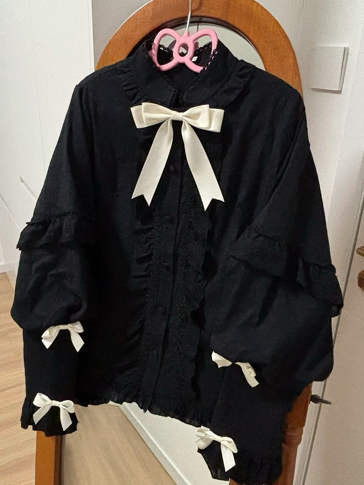Bowknots Cream with Lolita Leg-of-Mutton Sleeves Black Blouse
