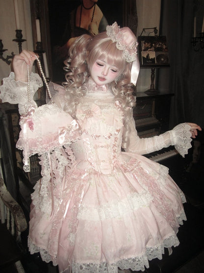 Pink Dress Princess and Jellyfish Lolita Button Jumper Blossom with Corset Accents Frog Print Pear Skirt