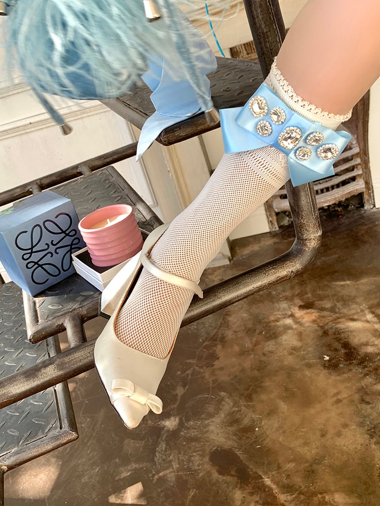 Bowknot Colors Lace 4 Calf Mesh Rhinestone Decoration Socks with