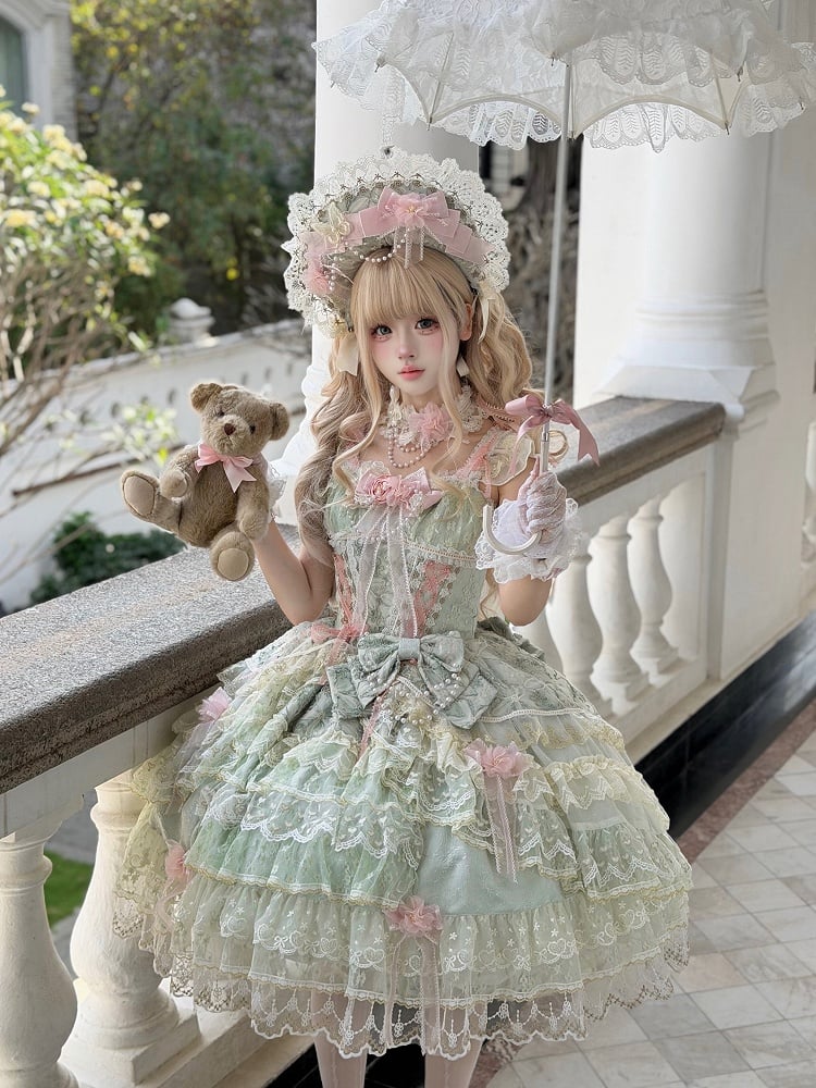 Green Layered JSK Dress with Floral Bow Accents - Pear Island Sweet Tea