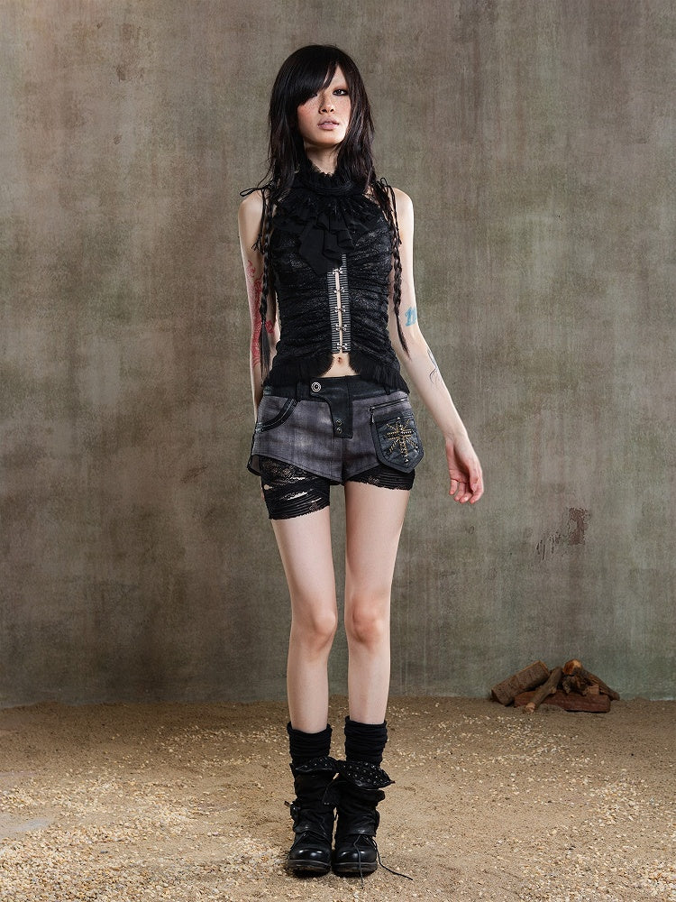Top Black Floral Cami Gothic Frayed with Front Closure Embroidered Lace Hook-Eye Punk Straps