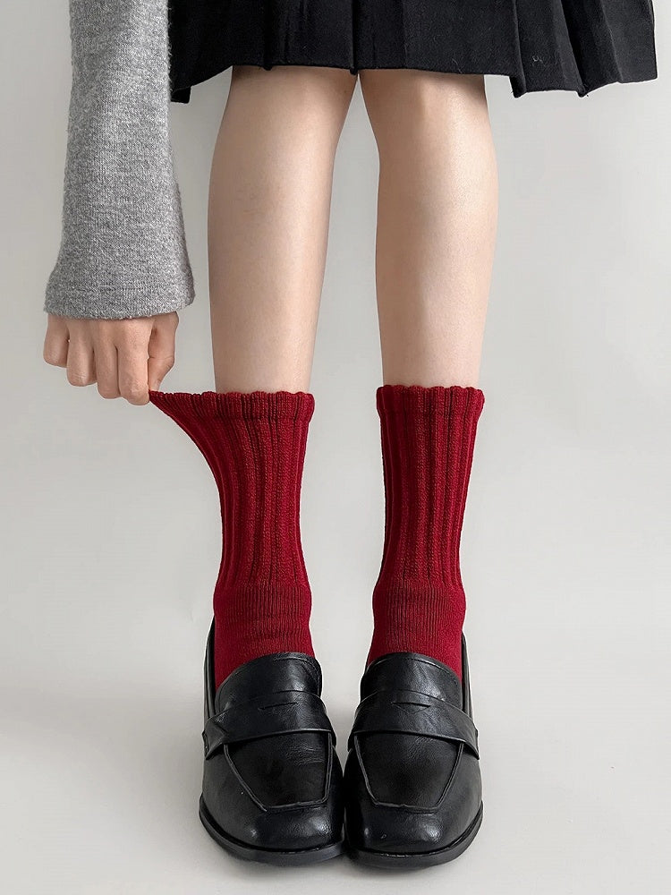 Red Rib Crew Long Fine Warm Socks