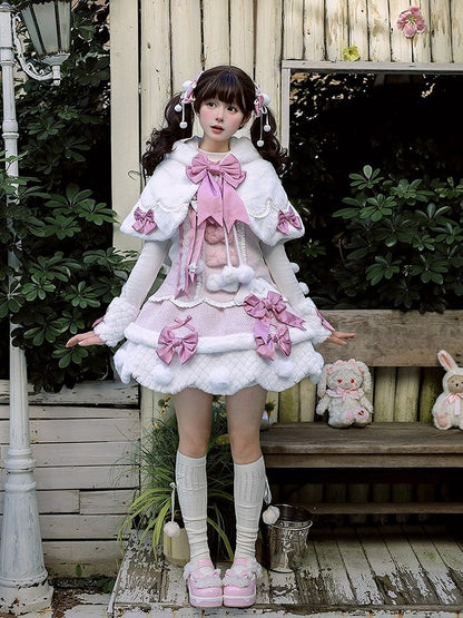 Pink White Cape Pom-poms with Hooded Lolita Bunny Bows and Ears