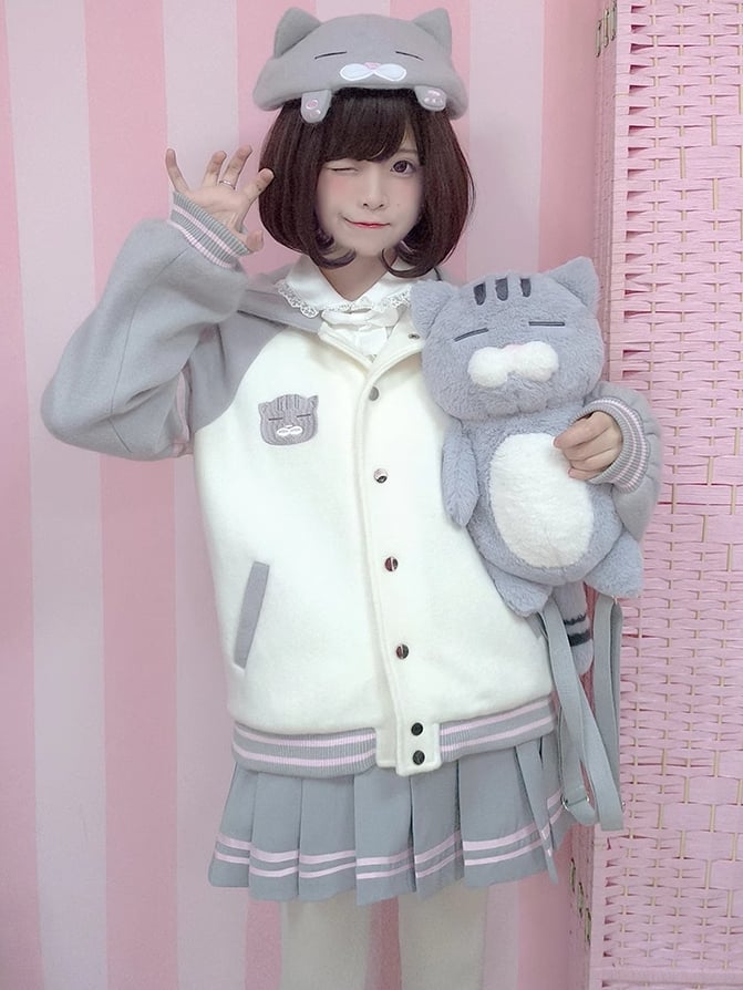 White and Gray Cat Hooded Woolen Baseball Jacket