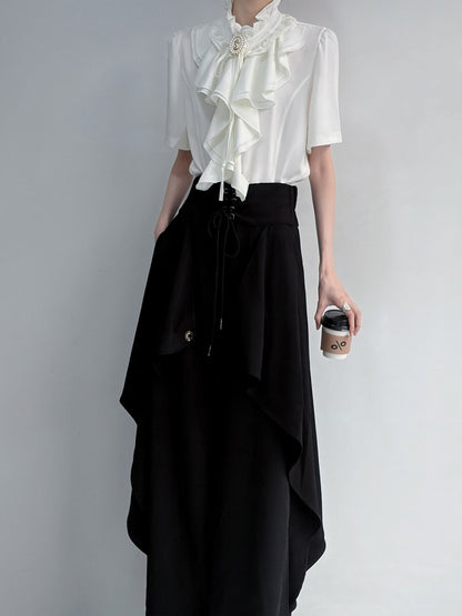 Layered Ruffle White Ouji Short Sleeve Blouse - ROAE