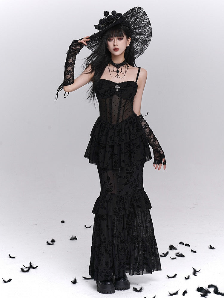 Gothic Black Mermaid Slip Dress with Polka Dot Sheer Top and Floral Embroidery Tiered Skirt - Lady Ghost