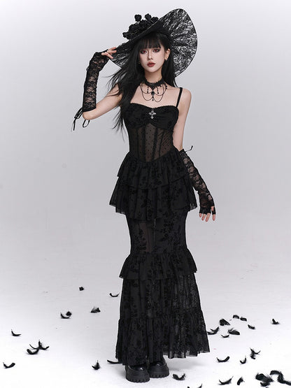 Gothic Black Mermaid Slip Dress with Polka Dot Sheer Top and Floral Embroidery Tiered Skirt - Lady Ghost
