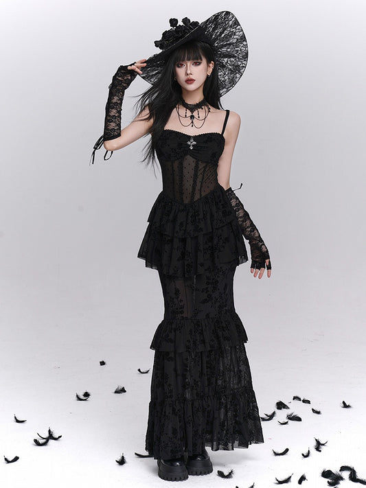 Gothic Black Mermaid Slip Dress with Polka Dot Sheer Top and Floral Embroidery Tiered Skirt - Lady Ghost