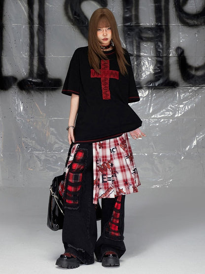 Black Cross Pattern Round Neck T-shirt