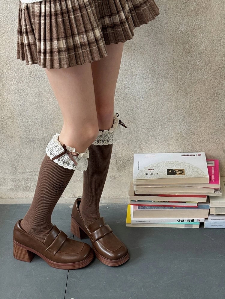 Cuffs Stockings Ribbed with Bow Ruffle Lace