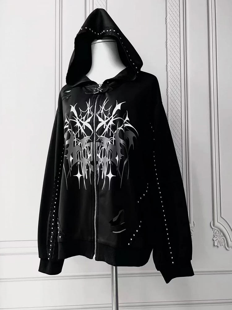 Distressed Black Thorn Graphic Jirai-Kei Hooded Jacket with Stud Accents - Puppet Bombs