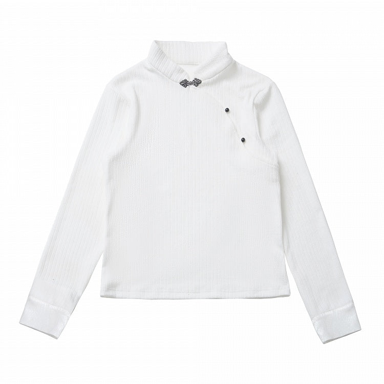 ホワイトのバンドカラー長袖トップス