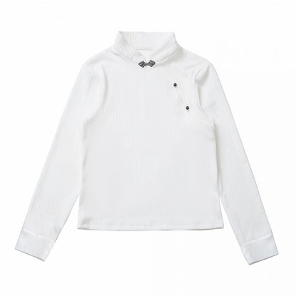 ホワイトのバンドカラー長袖トップス