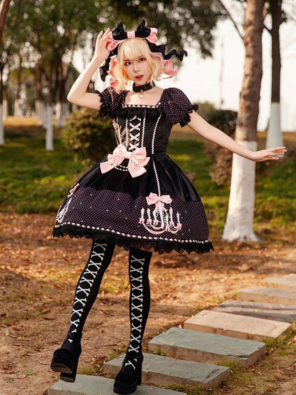 Dot Dress and Lolita with Sweet Print Polka Suede Black Chandelier Pink Bows