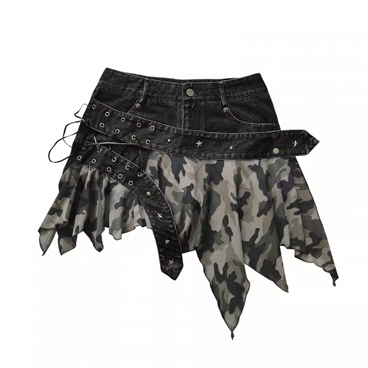 Taillen-Camouflage-Taschentuchsaum, tiefes Detail, Schnürung, Distressed-Denim-Skort