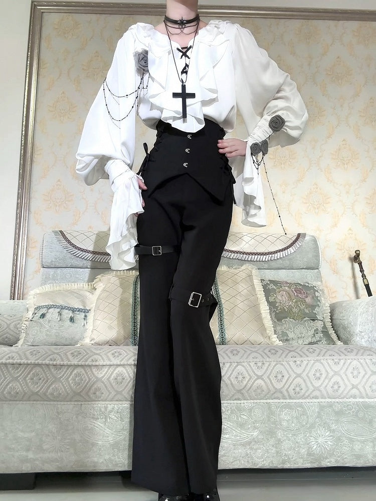 Black Corset High-Waist Pants with Buckle Details - Shi Zhi Mao
