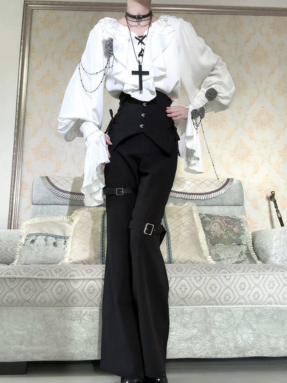 Black Corset High-Waist Pants with Buckle Details - Shi Zhi Mao