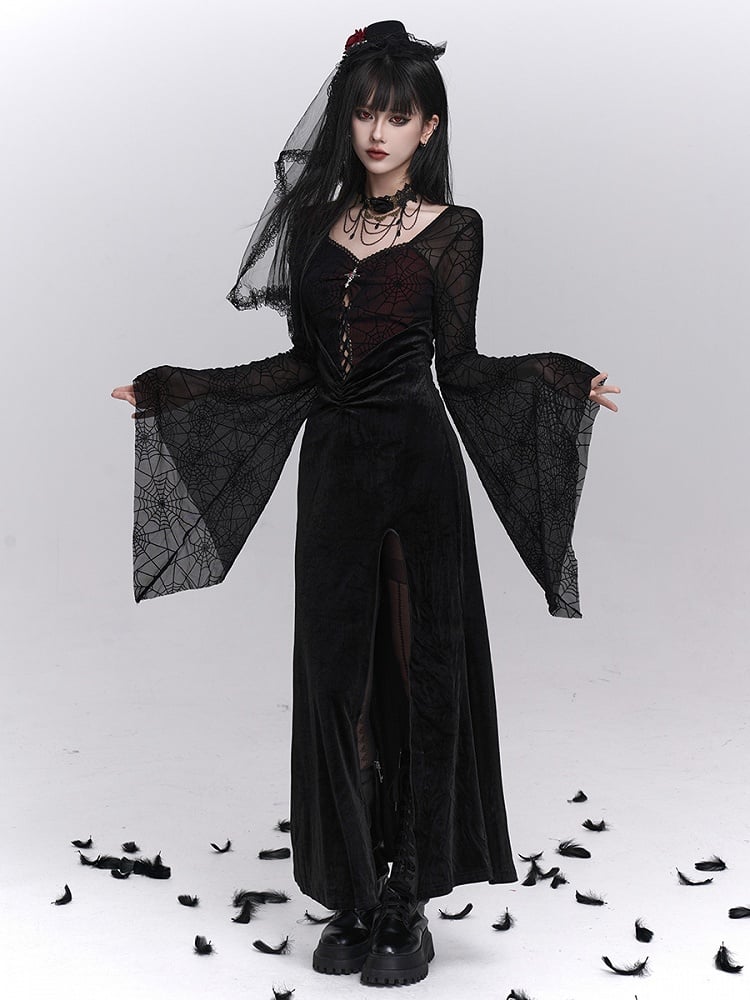 with Thigh-High Black Halloween Gothic Sleeves Bell Spiderweb Red Slit Dress