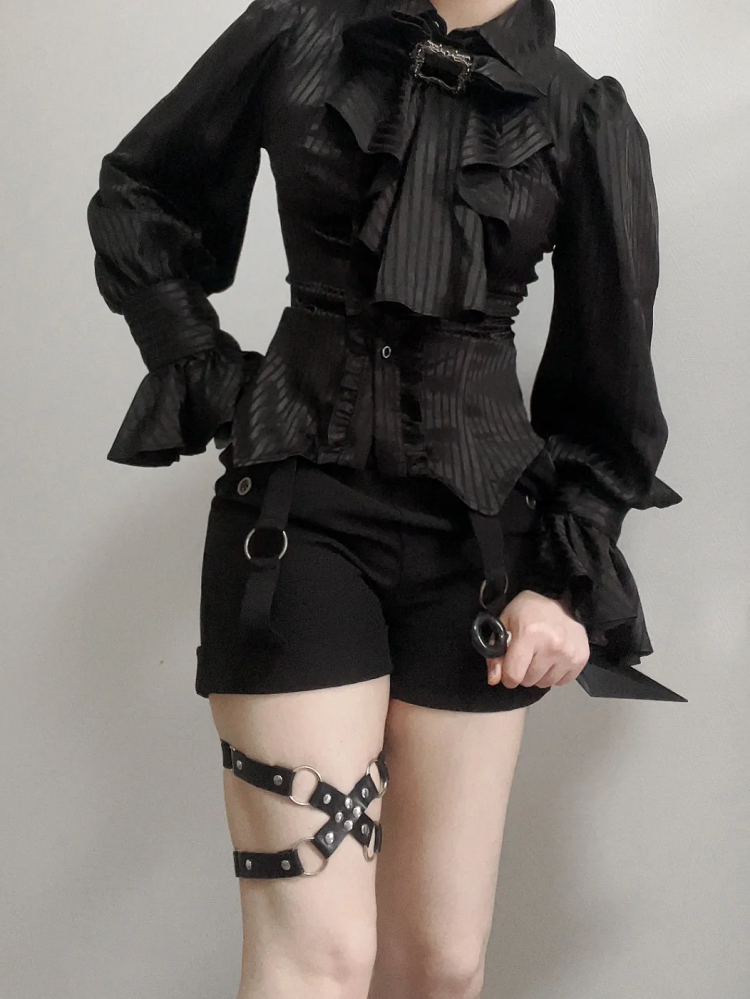 Black Ouji Lolita Long-Sleeve Shirt with Jabot Bowtie