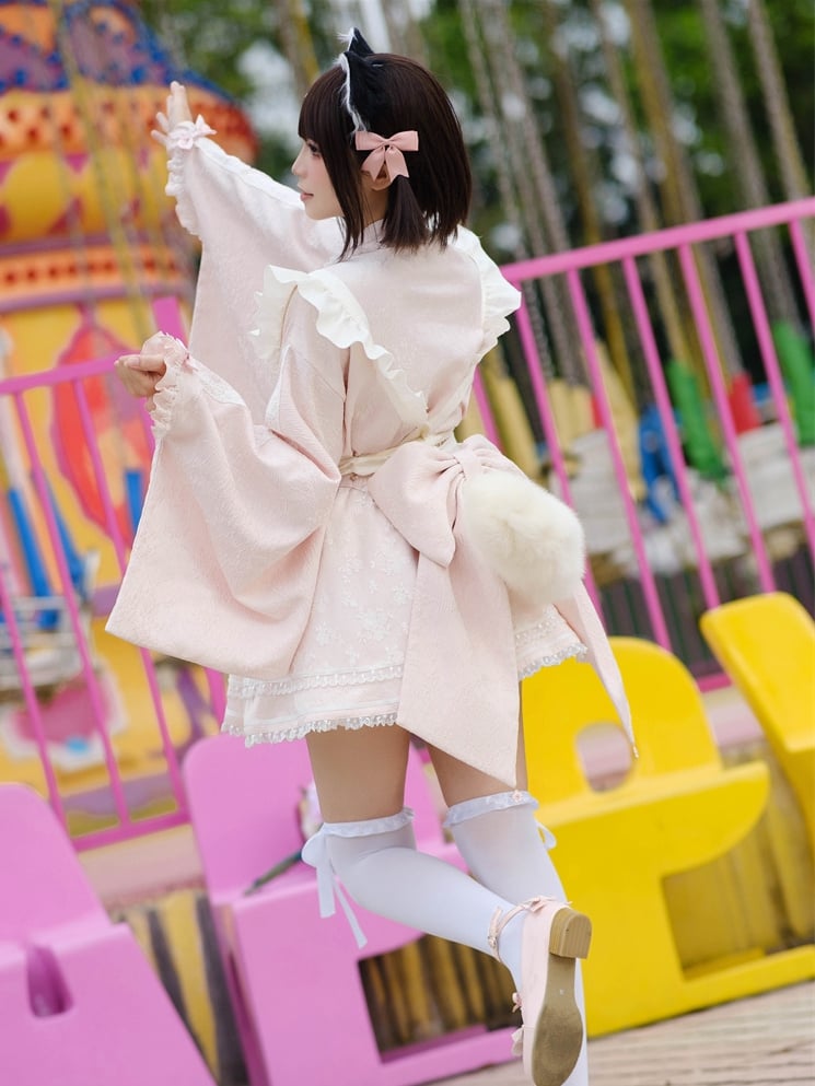 Wa Kei Pink Set-Bell Full Style Jirai Ärmel Blütenschürze Kleid + Flatteroutfit Festival Cherry