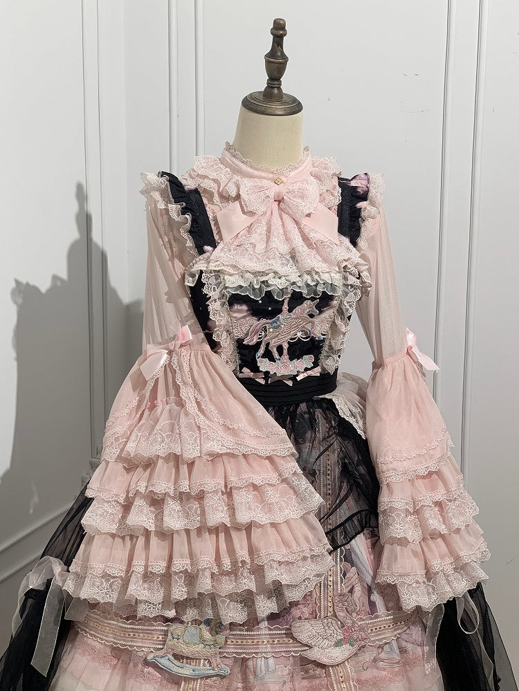 ピンクのロングレイヤードベルスリーブシフォンブラウス