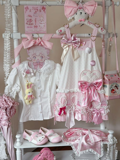 Polka Dot Bow Low-Waist JSK in Pink and White with Adjustable Straps - sedef