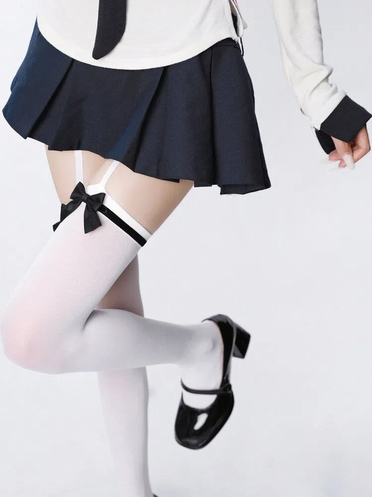 Stockings 60cm Lace Bow (White) Thigh-High