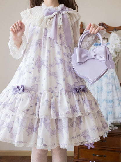 Purple Big Bowknot on Neckline Bows Print Double Layered Lolita Dress