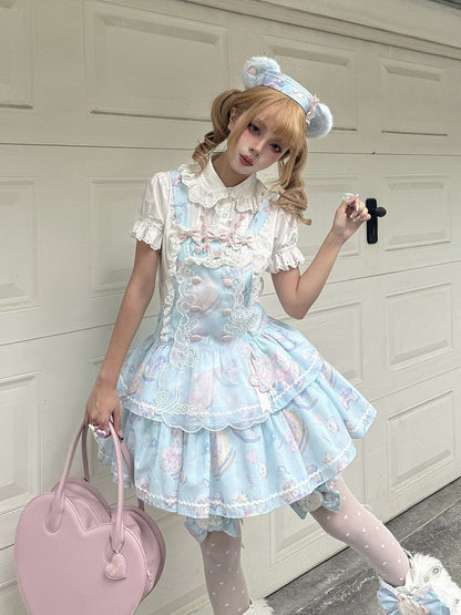 Cute Blue Lace Detailed Overall Gown with Detachable Apron Set - Vcastle