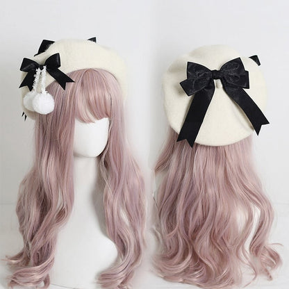 Colors 6 With Pom-Poms Cute Girly-Style White Cream Beret Bowknot