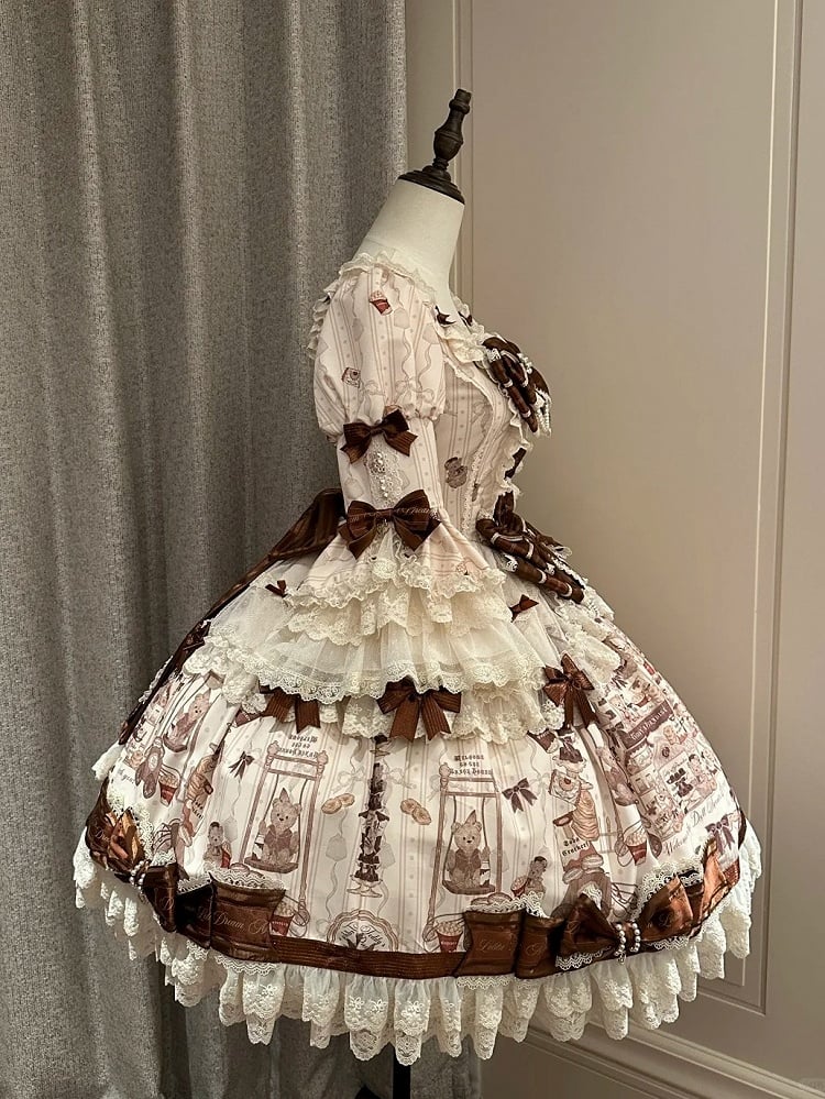with Beige Print Sweet Bear Hem Bow Dress Brown Sleeves and Lace Little Accents Bell Lolita
