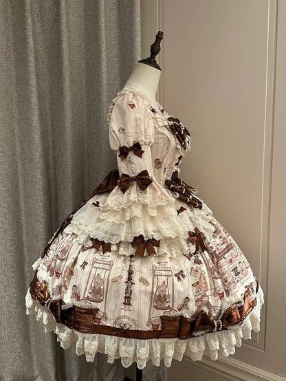 with Beige Print Sweet Bear Hem Bow Dress Brown Sleeves and Lace Little Accents Bell Lolita