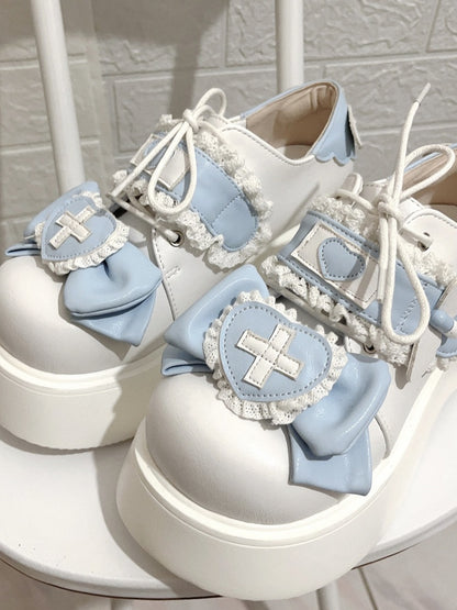 Tenshi Kaiwai Light Blue Yami Kawaii Cross Bowknot Lace-up Detail Platform Shoes