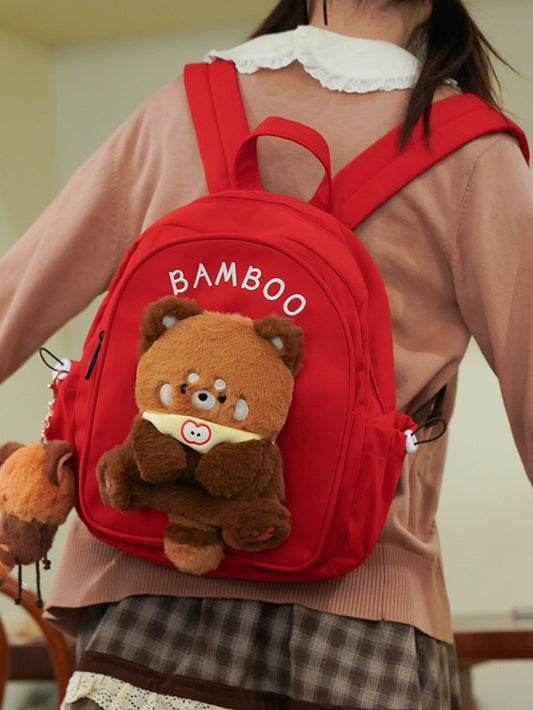 Red Cute Backpack With Red Panda Plushie