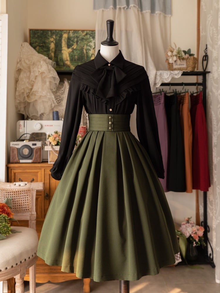 Black Ruffle-Trim Long-Sleeve Shirt with Bow Tie