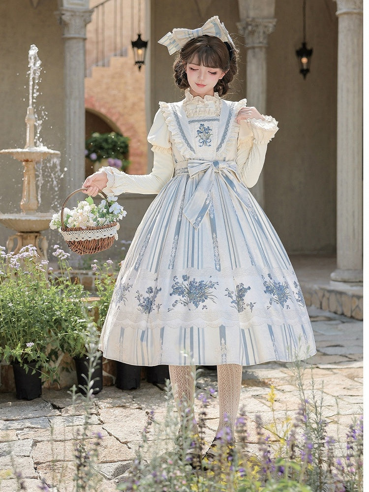 Long Blue & White Striped Floral Embroidered JSK Set with Knit Top, Belt & KC - With PUJI