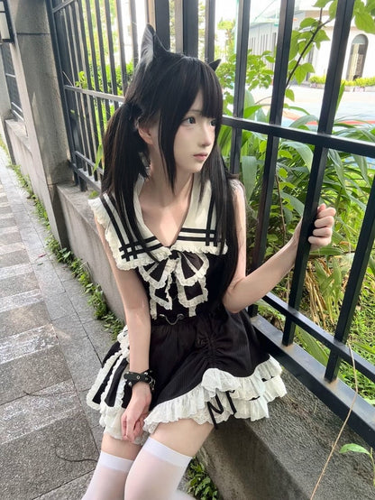 Black - Dollcore Open Dress Back Sailor White Trim Collar Lace Sleeveless Tiered Alternative