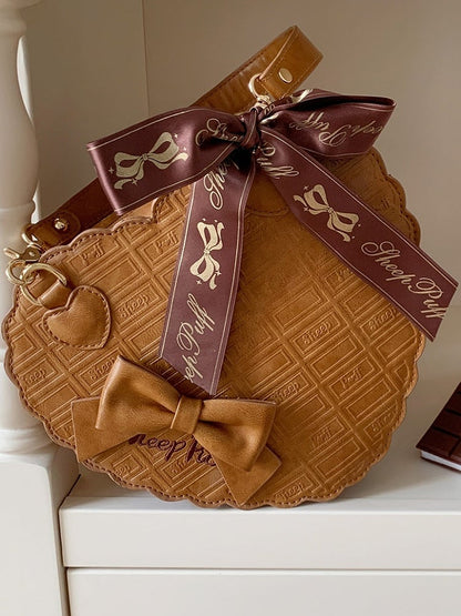 Design Texture Brown Chocolate Light Bow Decorative PU Bag Lolita Sweet Heart Hand/Shoulder/Crossbody with